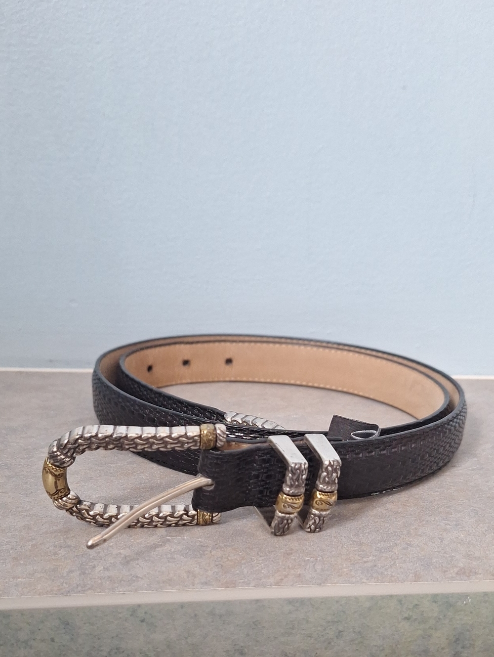 Brighton Black Textured Leather Belt with Two-Tone Braided Buckle